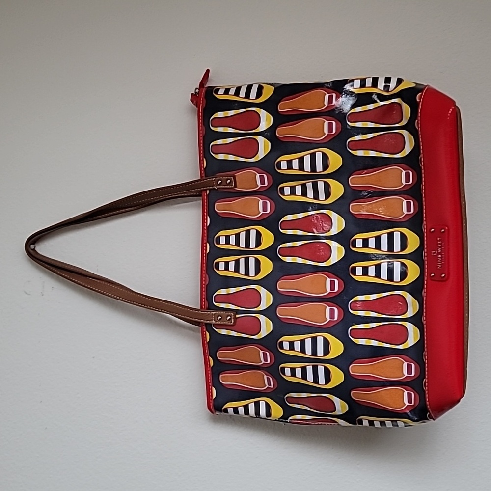 Rare Nine West Multicolor Shoe-Print Tote with Red Trim